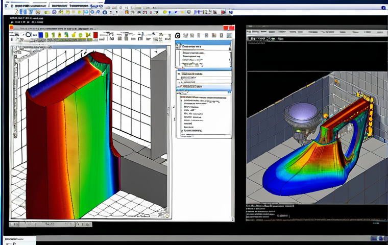 **
A machine design engineer intensely reviewing a FEA (Finite Element Analysis) simulation on a computer screen, surrounded by technical drawings and material samples. Focus on the detail of stress distribution visuals on the screen.
**